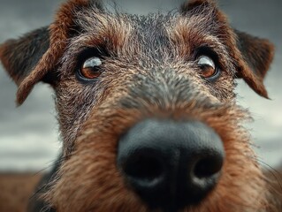 Close-up portrait of a curious brown and black terrier dog looking into the camera with a cloudy sky background, showing expressive eyes and wet nose detail