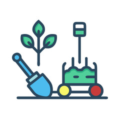 Gardening Equipment with Seedling in a Flat Icon Design on Black Backdrop