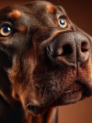Close-up portrait of a curious brown and black terrier dog looking into the camera with a cloudy sky background, showing expressive eyes and wet nose detail