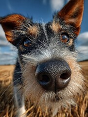 Close-up portrait of a curious brown and black terrier dog looking into the camera with a cloudy sky background, showing expressive eyes and wet nose detail