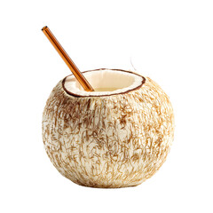 Whole fresh coconut with straw for drinking tropical beverage isolated on transparent background