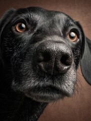 Close-up portrait of a black dog with expressive brown eyes and detailed nose, looking curiously at the camera against a brown studio background