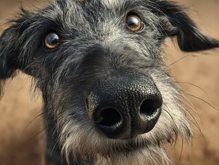 Close-up portrait of a curious brown and black terrier dog looking into the camera with a cloudy sky background, showing expressive eyes and wet nose detail