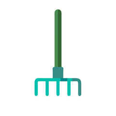 Flat design illustration of a green and turquoise gardening rake on black background