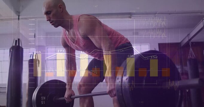 Male lifter bending over gripping barbell and pulling with overlaid charts tracking fitness metrics