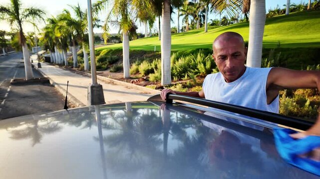 Middle aged bald man wearing a tank top carefully waxing and polishing the roof of his camper van with a blue microfiber cloth during a sunny day with palm trees in the background