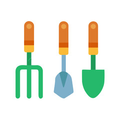 Three garden tools in a row against a black background in flat design