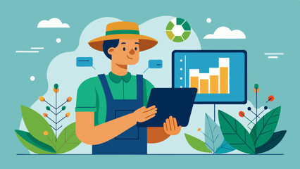 A farmer using a digital tool to analyze market trends and make informed financial decisions for their crops.. Vector illustration