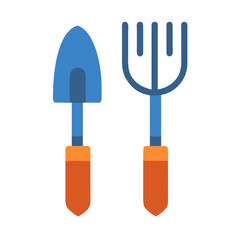 Flat design icon of gardening trowel and fork against a black background