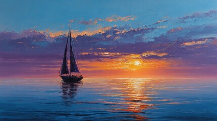 Fototapeta premium Textured Oil Painting: Sailboat on Ocean at Dramatic Sunset with Purple and Orange Sky