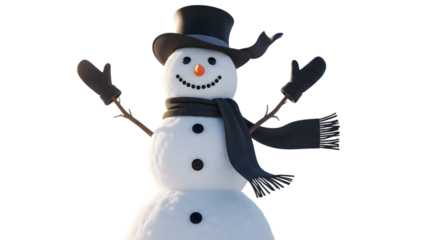 Cheerful Snowman with Top Hat and Scarf on White Background — Winter Holiday Decoration