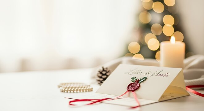 Festive holiday greeting card with elegant design, red ribbon, and golden decorations. Ideal for seasonal promotion.