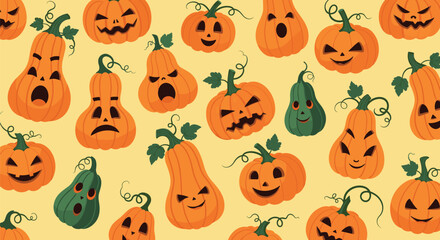 A seamless pattern of various cartoon pumpkins with different carved faces on a yellow background.