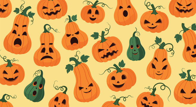 A seamless pattern of various cartoon pumpkins with different carved faces on a yellow background.