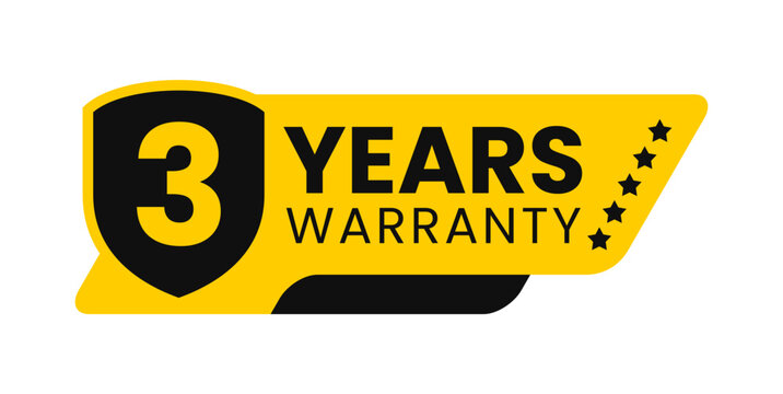 Modern 3 years warranty badge vector design in yellow and black with shield. Guarantee label icon logo for product packaging, advertisement, and marketing use