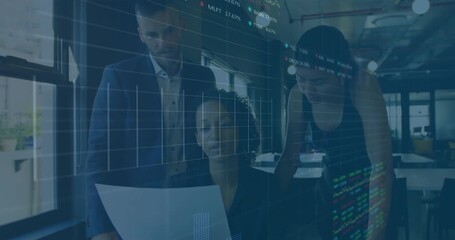 Team reviewing sheet while initiating stock graphs and percentage overlays for data analysis - Powered by Adobe