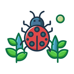 Stylized Ladybug among Leaves and Moon on a Black Background Stock Image