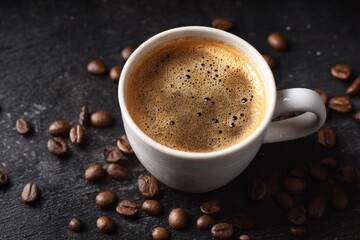 Fototapeta premium Freshly brewed espresso and coffee beans close-up