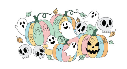 Obraz premium Cute pastel Halloween illustration with pumpkins, ghosts, and skulls surrounded by fall leaves.