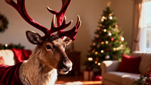 Close up of a reindeer with festive decorations in cozy living room setting during Christmas season