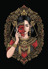 Fototapeta premium Half Faced Balinese Dancer in Elaborate Costume Intricate Vector Illustration