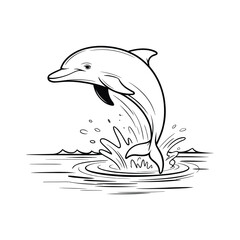 Black and white line art illustration of a dolphin leaping from water with splashes and ripples jumping