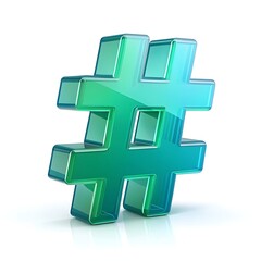 Obraz premium 3D A vibrant turquoise and green hashtag symbol with a glossy finish standing on a white surface casting a shadow