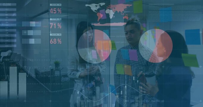 Team using notes generating data dashboard with gauges, pie charts, world map for design review