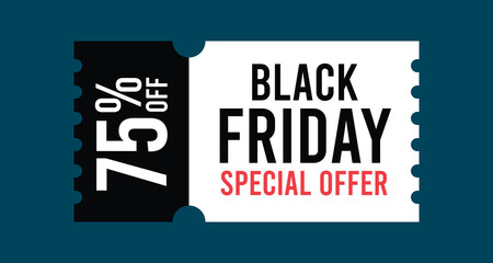 Black Friday Discount Coupon with 75 Percent Off Special Offer Text on Ticket Shape Isolated Flat Style Vector Illustration