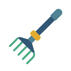 Stylized graphic illustration of a garden hand rake for cultivation on black background