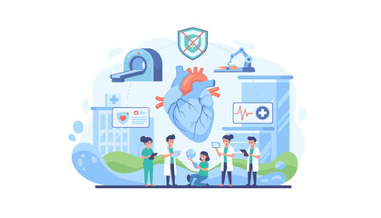 Innovative medical technology and hospital care, featuring a detailed human heart illustration surrounded by advanced diagnostic equipment like MRI scanners, robotic surgery arms, and digital health