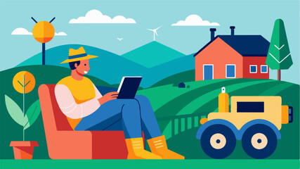 A farmer relaxing in his farmhouse while monitoring the progress of his selfdriving tractor in the fields which is equipped with AI technology to make decisions on optimal seed. Vector illustration
