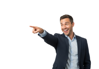 Cheerful young man in a suit pointing sideways at empty space