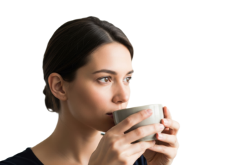 Minimalist portrait of woman holding coffee cup in neutral tones
