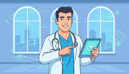 Modern male doctor in a white coat and blue scrubs, holding a digital tablet with medical icons and pointing at it, with a stethoscope around his neck, against a background of arched windows showing