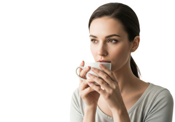 Minimalist portrait of woman holding coffee cup in neutral tones