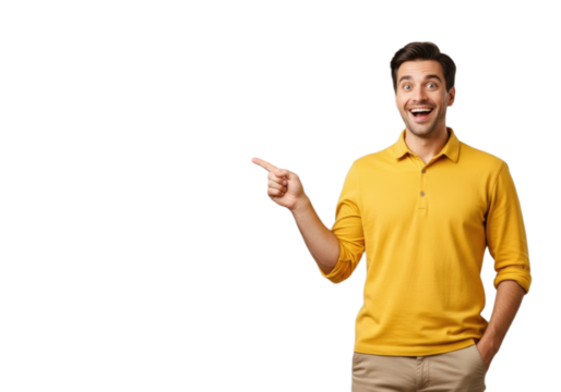 Cheerful young man pointing sideways at empty space