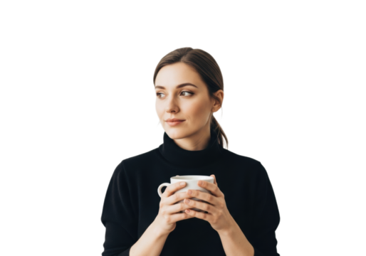Minimalist portrait of woman holding coffee cup in neutral tones
