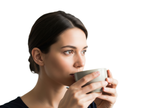 Minimalist portrait of woman holding coffee cup in neutral tones