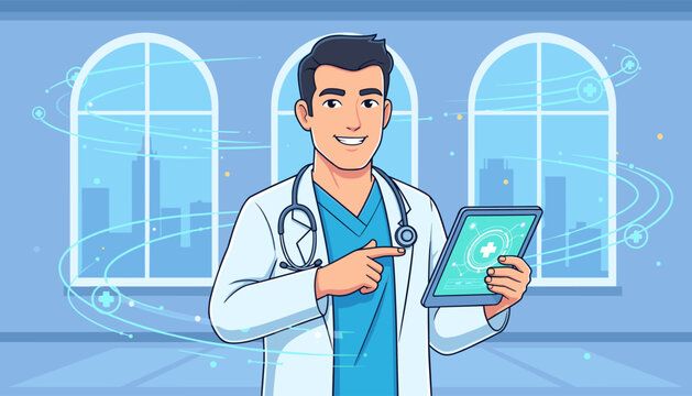 Modern male doctor in a white coat and blue scrubs, holding a digital tablet with medical icons and pointing at it, with a stethoscope around his neck, against a background of arched windows showing