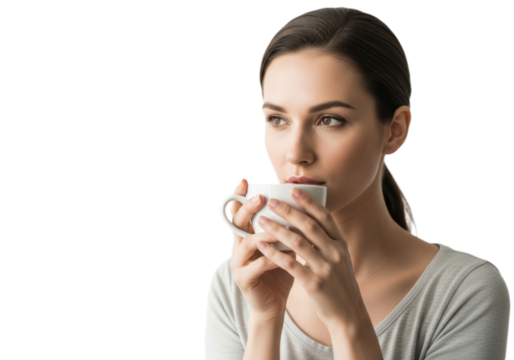 Minimalist portrait of woman holding coffee cup in neutral tones