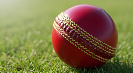 Close up of a red cricket ball on green grass