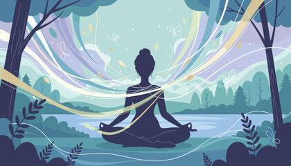 Serene silhouette of a woman meditating in a tranquil natural landscape, surrounded by flowing colorful energy streams, butterflies, and soft foliage, evoking peace, mindfulness, and spiritual