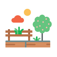 Flat design illustration of park scene with sun, tree, fence and grass