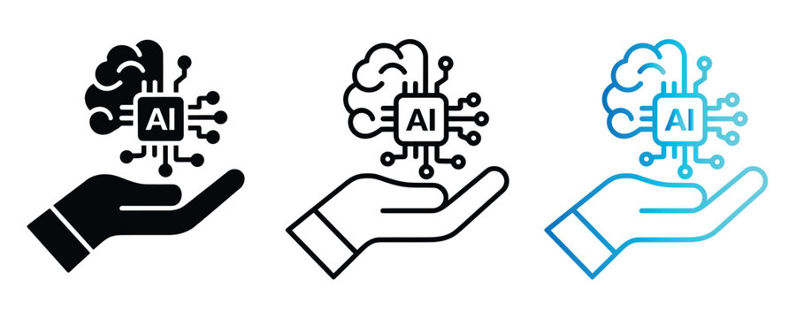 Creative icon of a hand supporting an AI processor chip, Empowering artificial intelligence with a helping hand, illustrating machine learning and future technology