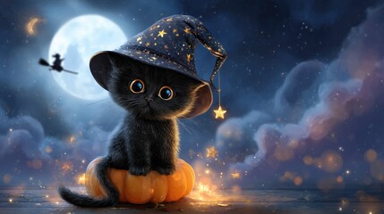 Continuous Learning and Growth concept with an adorable black kitten in a wizard hat on a glowing pumpkin under a magical full moon.