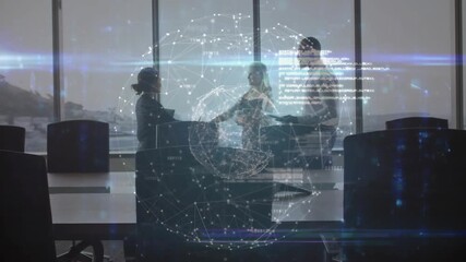 Business team shaking hands when man entering with tablet, exchanging docs under 3D globe - Powered by Adobe