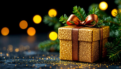 Luxurious Golden Christmas Gift with Pine Accent