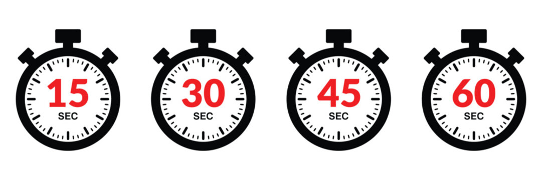 Dynamic stopwatch icons showing 15, 30, 45, and 60 seconds perfect for time management, countdowns, and athletic performance visuals.