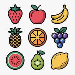 Playful Colorful Fruit Icon Sheet — 10 Vibrant Vector SVG Icons (Strawberry, Apple, Banana, Pineapple, Orange Slice, Grapes, Watermelon, Kiwi, Pear, Lemon)